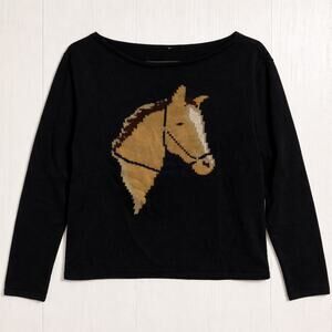Horse Pony Sweater Wrangler Black Western Knit Cotton Equestrian Cowgirl L